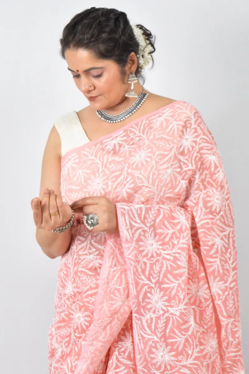 Peach Kota Cotton saree with handcrafted Lucknowi Chikankari embroidery and blouse – ethnic wear by Fabnuma