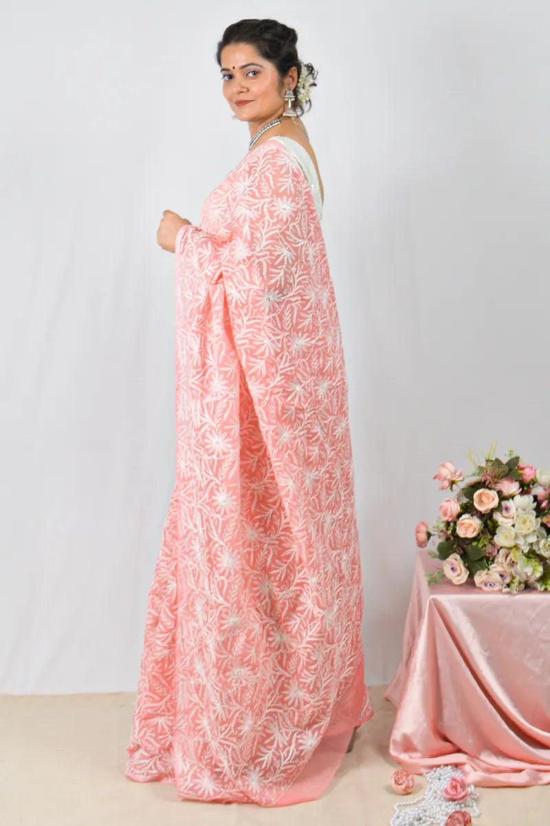 Peach Kota Cotton saree with handcrafted Lucknowi Chikankari embroidery and blouse – ethnic wear by Fabnuma