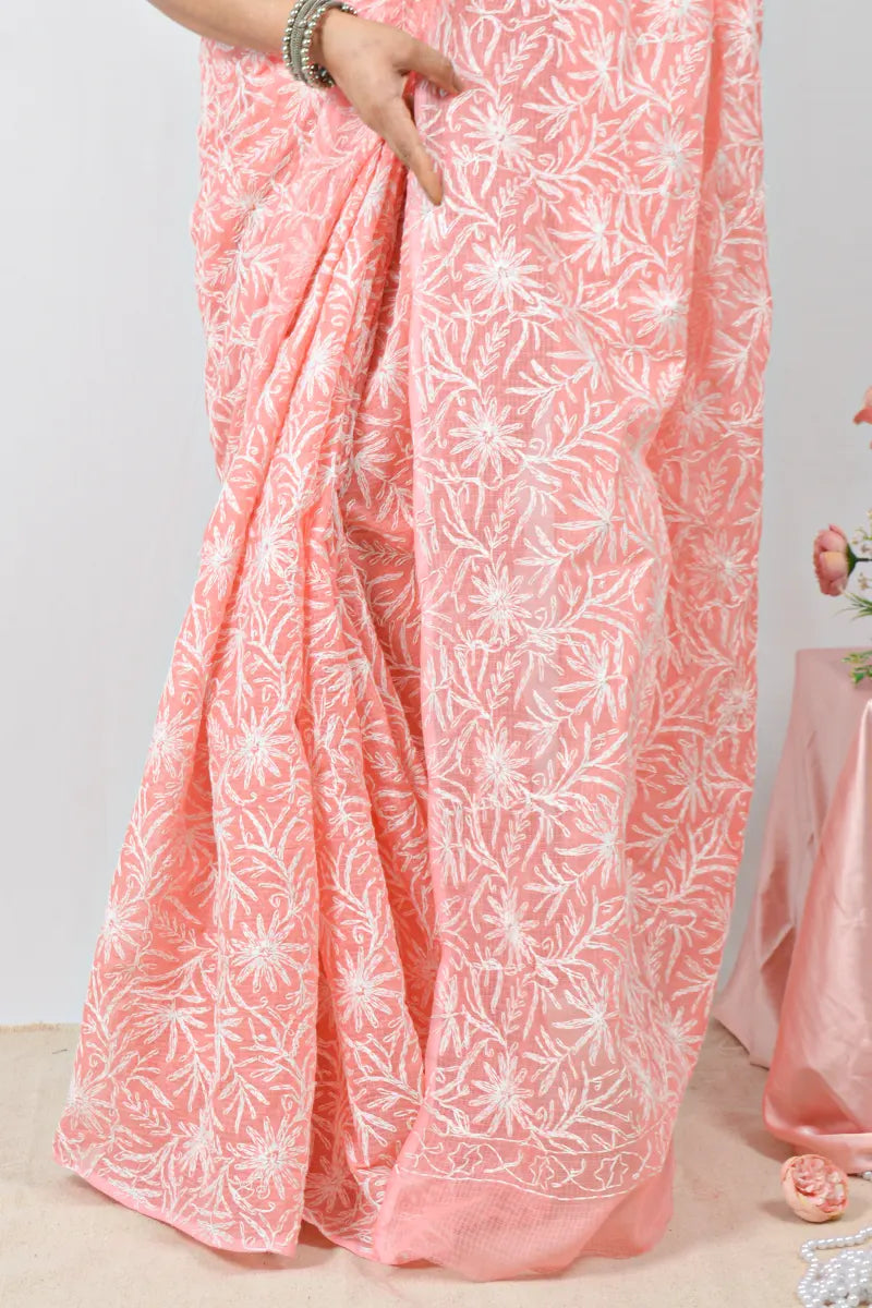 Peach Kota Cotton saree with handcrafted Lucknowi Chikankari embroidery and blouse – ethnic wear by Fabnuma