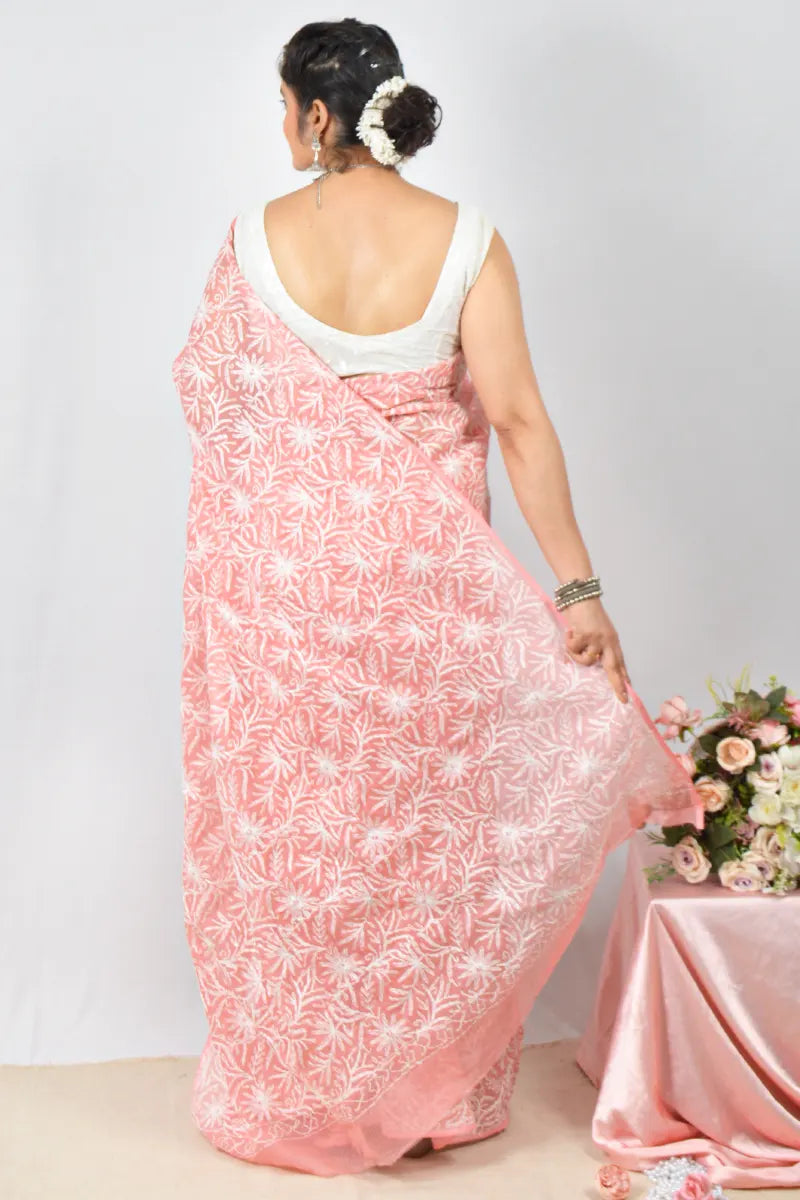 Peach Kota Cotton saree with handcrafted Lucknowi Chikankari embroidery and blouse – ethnic wear by Fabnuma