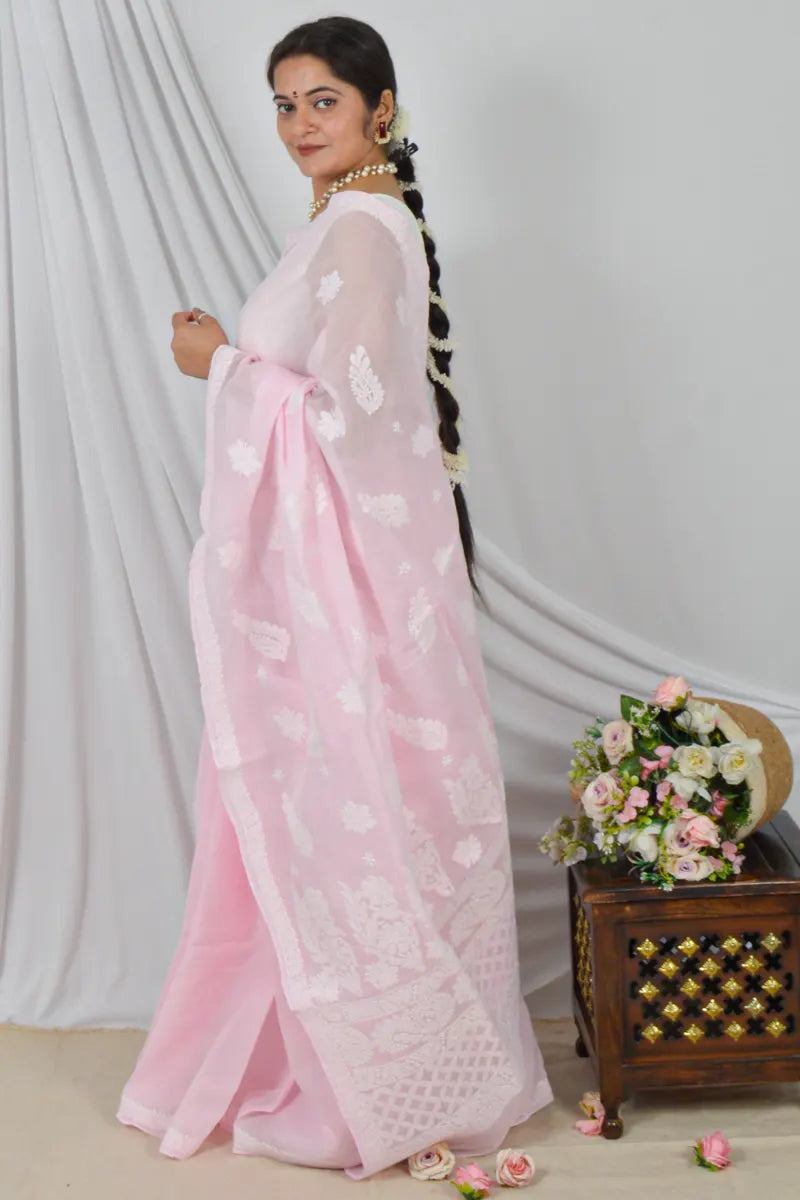 Memaana Handcrafted Pink Cotton Border Palla Chikankari Saree with Blouse modeled elegantly with floral decor.