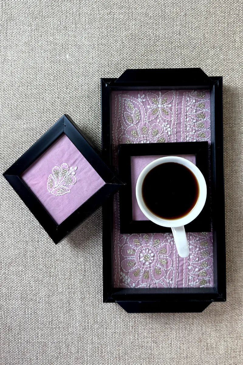 Pink Handcrafted Lucknowi Chikankari Tray & Tea Coaster Set With hand-embroidered Lucknowi Chikankari
