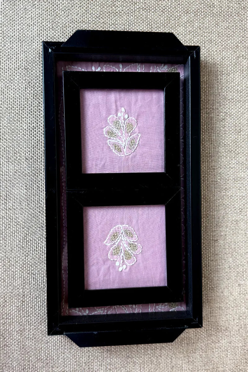 Pink Handcrafted Lucknowi Chikankari Tray & Tea Coaster Set With hand-embroidered Lucknowi Chikankari