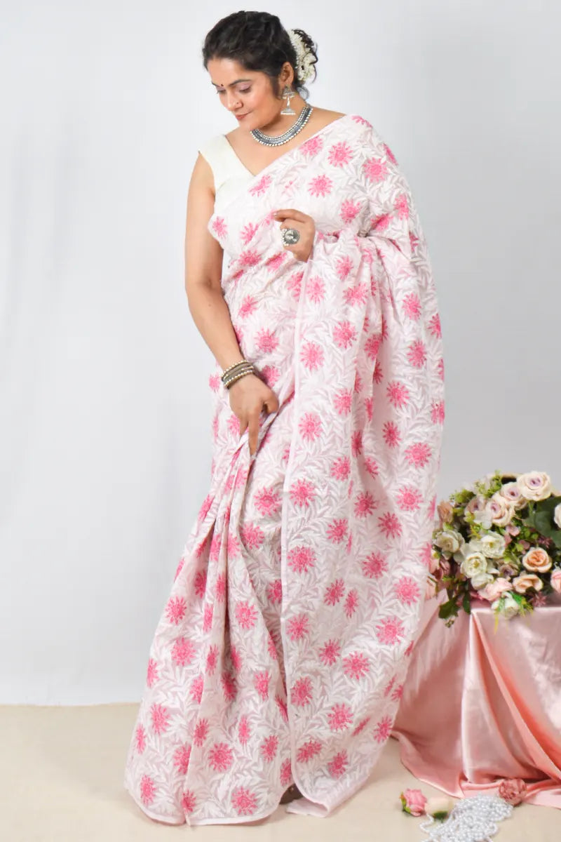 Pink Kota cotton saree with handcrafted Lucknowi Chikankari embroidery and matching blouse – traditional wear by Fabnuma