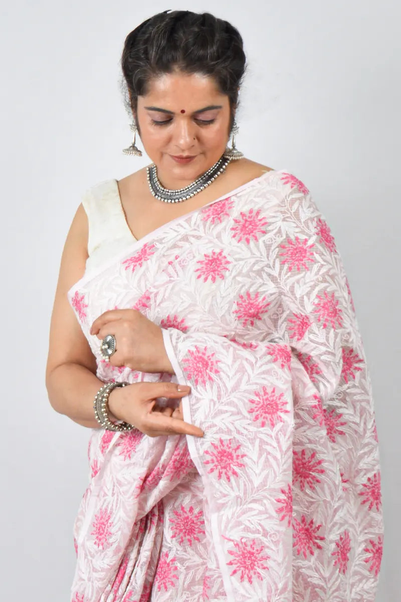 Pink Kota cotton saree with handcrafted Lucknowi Chikankari embroidery and matching blouse – traditional wear by Fabnuma