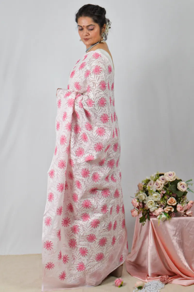 Pink Kota cotton saree with handcrafted Lucknowi Chikankari embroidery and matching blouse – traditional wear by Fabnuma