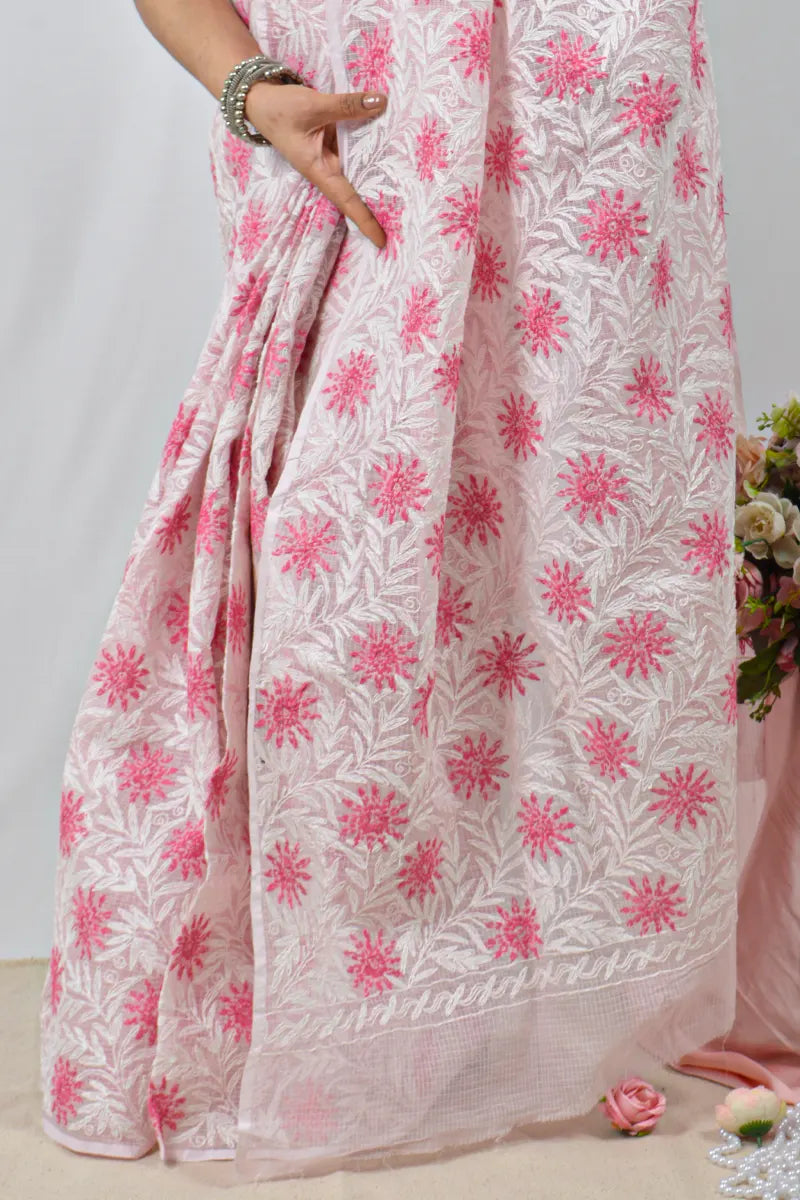 Pink Kota cotton saree with handcrafted Lucknowi Chikankari embroidery and matching blouse – traditional wear by Fabnuma