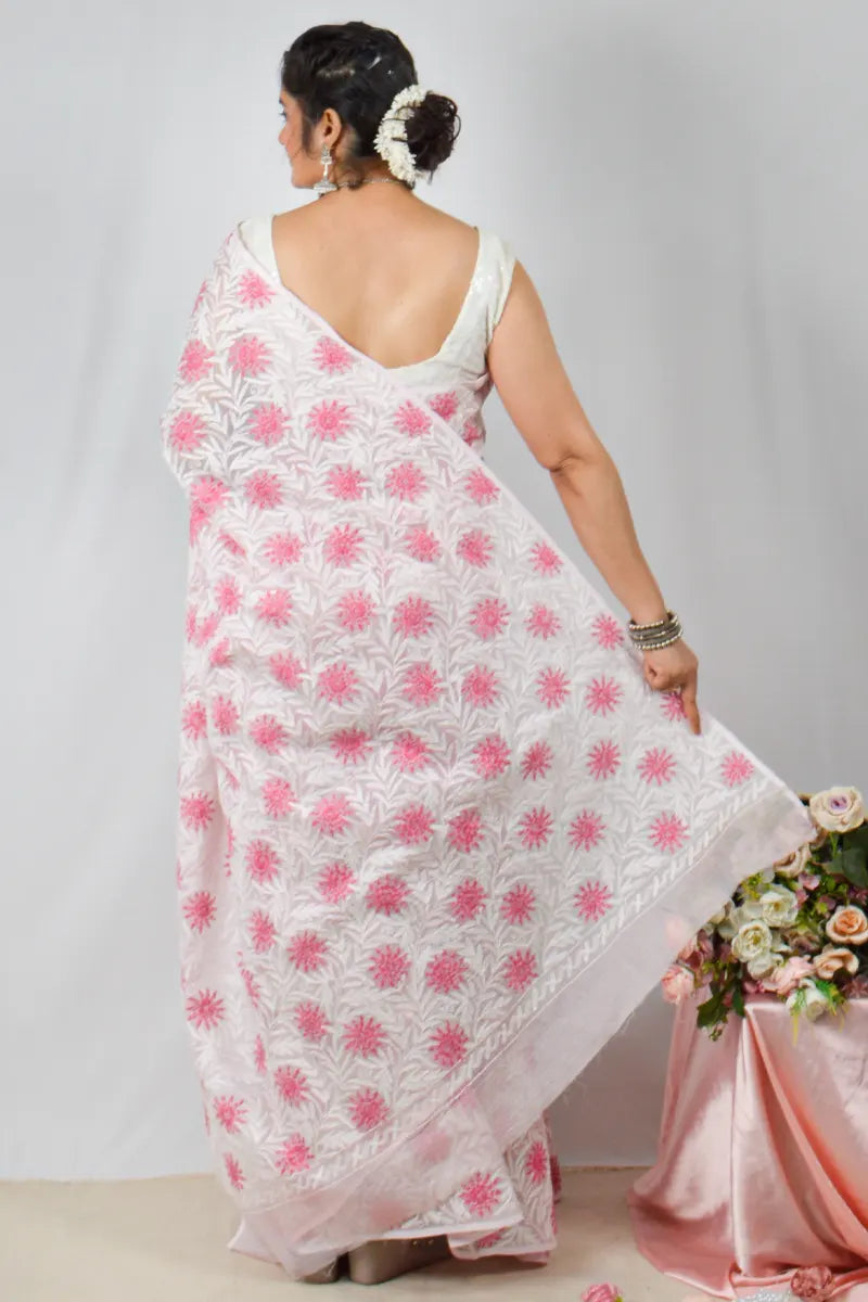 Pink Kota cotton saree with handcrafted Lucknowi Chikankari embroidery and matching blouse – traditional wear by Fabnuma