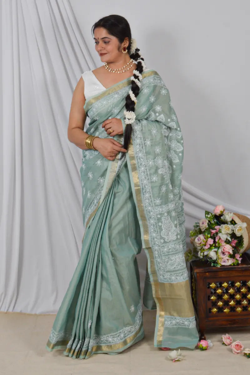 Memaana Handcrafted Pista Green Border Palla Chanderi Cotton Saree with Blouse Lucknowi Chikankari