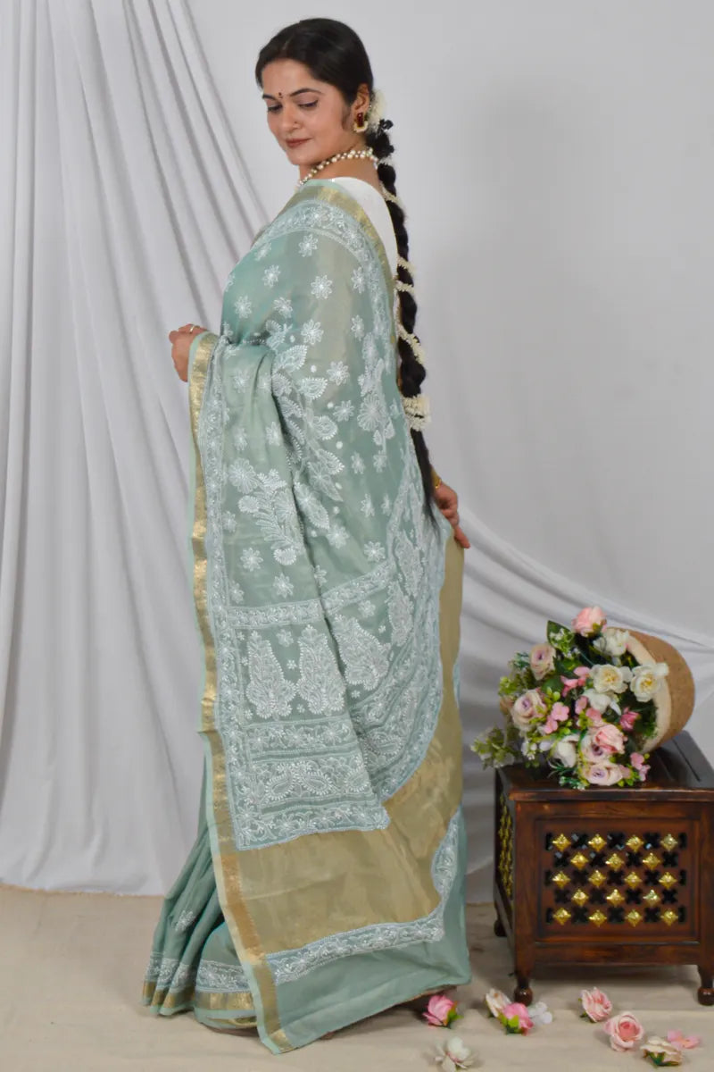 Fabnuma Handcrafted Pista Green Border Palla Chanderi Cotton Saree with Blouse Lucknowi Chikankari