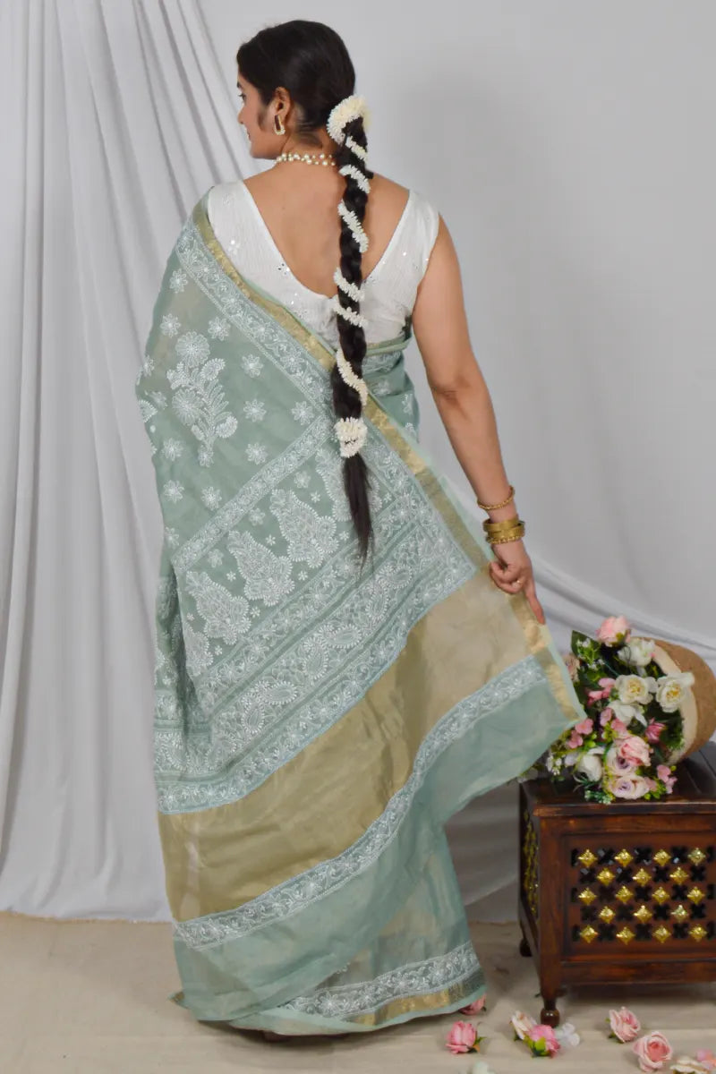 Fabnuma Handcrafted Pista Green Border Palla Chanderi Cotton Saree with Blouse Lucknowi Chikankari
