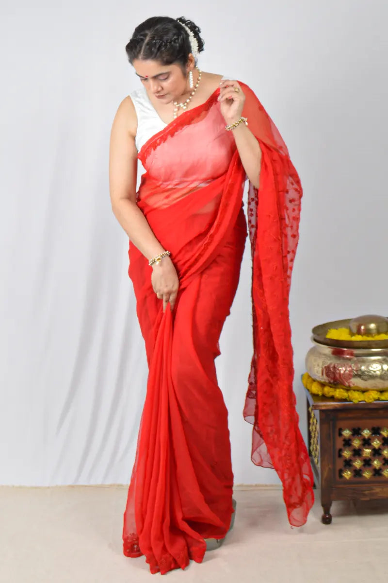 Red georgette saree with hand-embroidered Lucknowi Chikankari and unstitched blouse – festive and elegant ethnic wear by MeMaana.