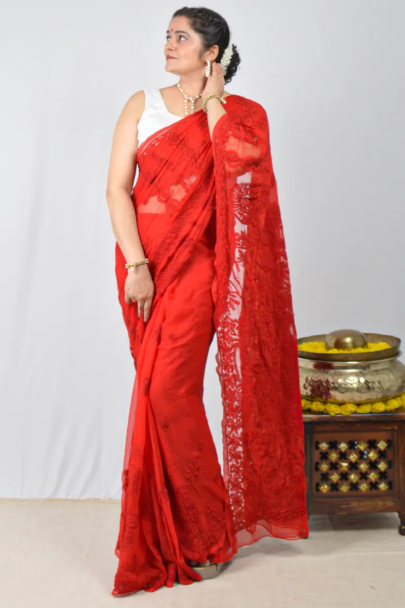 MeMaana Handcrafted Red Georgette Lucknowi Chikankari Saree with Blouse MM-1565