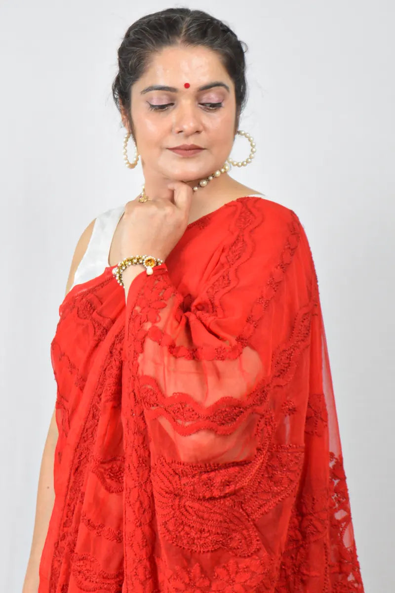 MeMaana Handcrafted Red Georgette Lucknowi Chikankari Saree with Blouse MM-1565