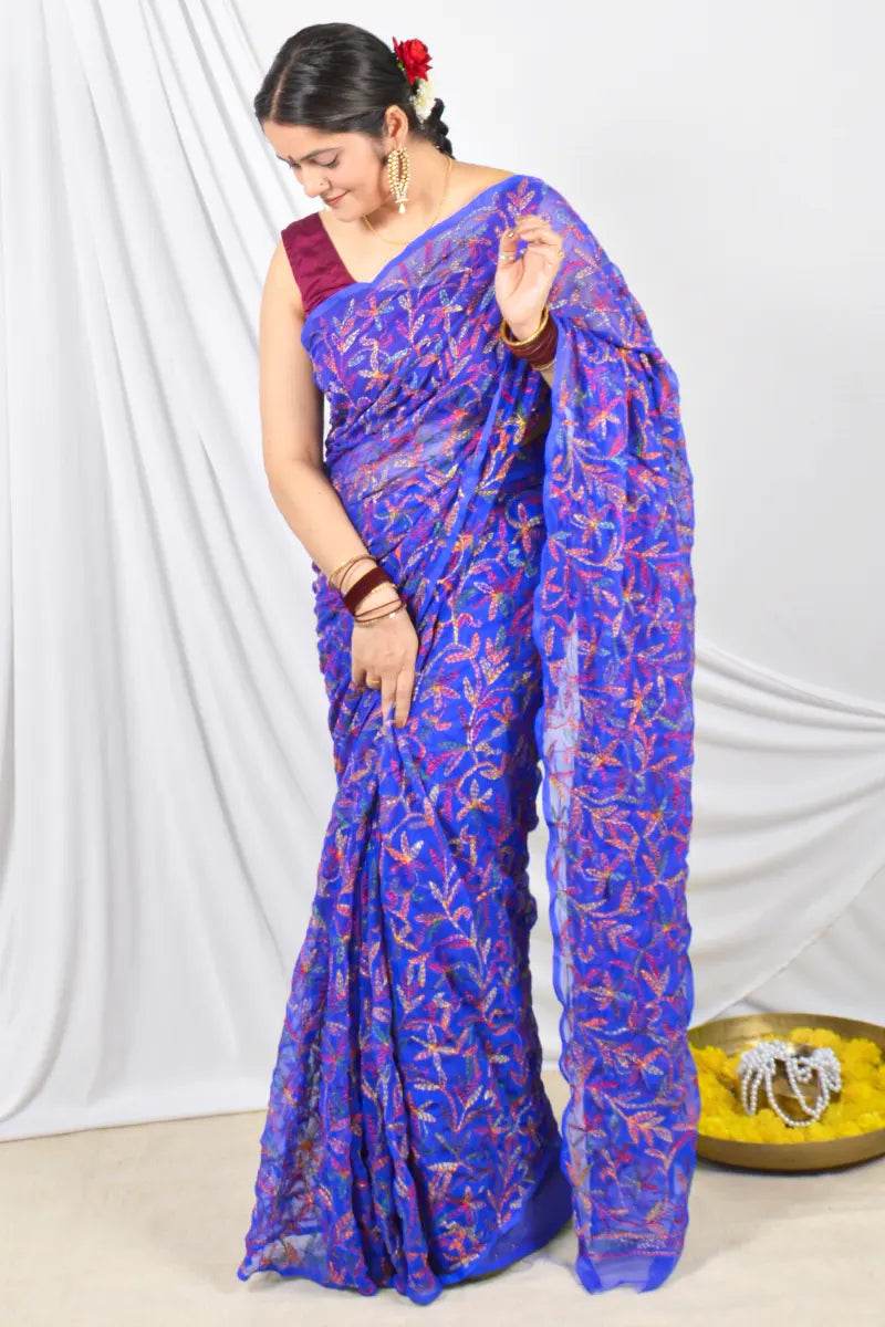 Royal Blue Georgette Tepchi Chikankari Saree with Lucknowi Embroidery and Blouse – Perfect for Weddings & Festive Wear