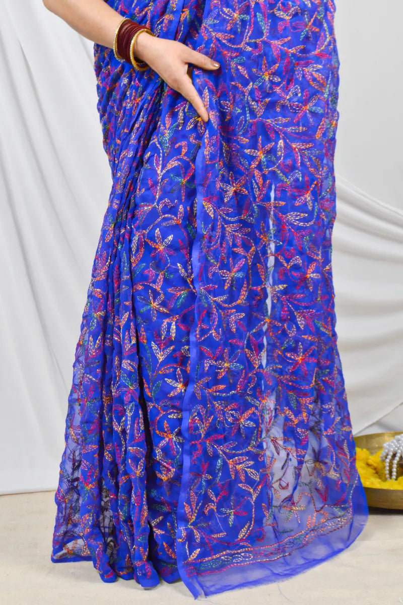 Royal Blue Georgette Tepchi Chikankari Saree with Lucknowi Embroidery and Blouse – Perfect for Weddings & Festive Wear