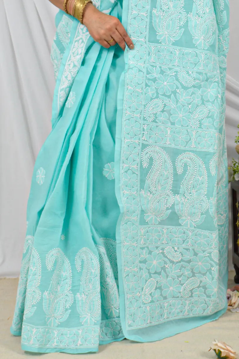 Handcrafted Sea Green Cotton Border Palla Saree with intricate Lucknowi Chikankari embroidery and a matching Blouse, ideal for Festive and occasions.