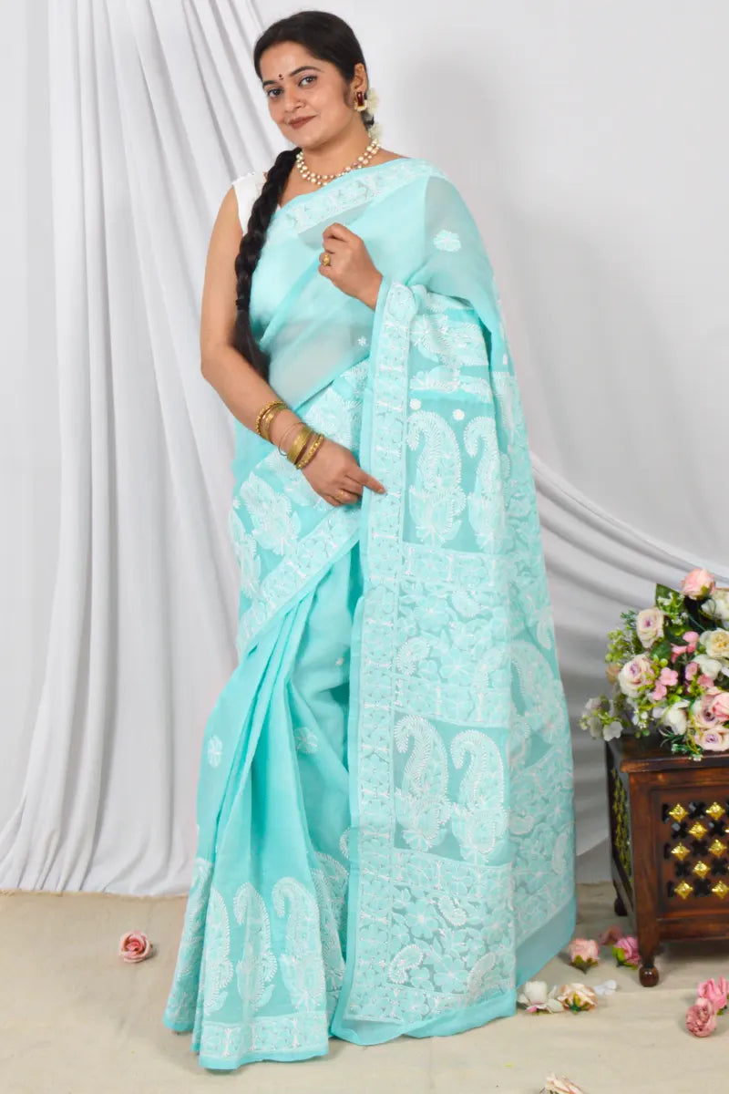 Handcrafted Sea Green Cotton Border Palla Saree with intricate Lucknowi Chikankari embroidery and a matching Blouse, ideal for Festive and occasions.