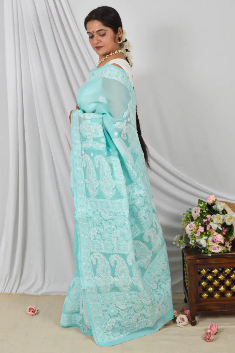 Handcrafted Sea Green Cotton Border Palla Saree with intricate Lucknowi Chikankari embroidery and a matching Blouse, ideal for Festive and occasions.