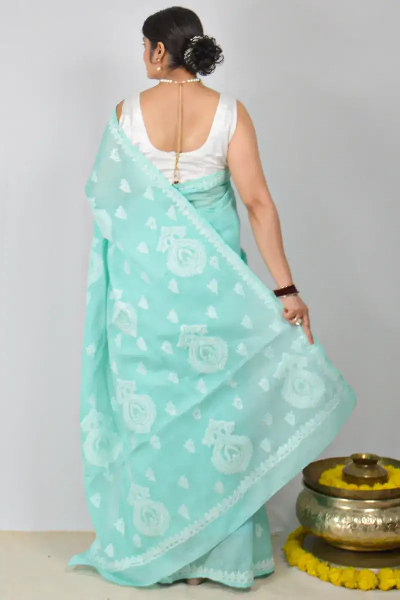 Sea Green cotton saree with hand-embroidered Lucknowi Chikankari and matching blouse – handcrafted ethnic wear by MeMaana.