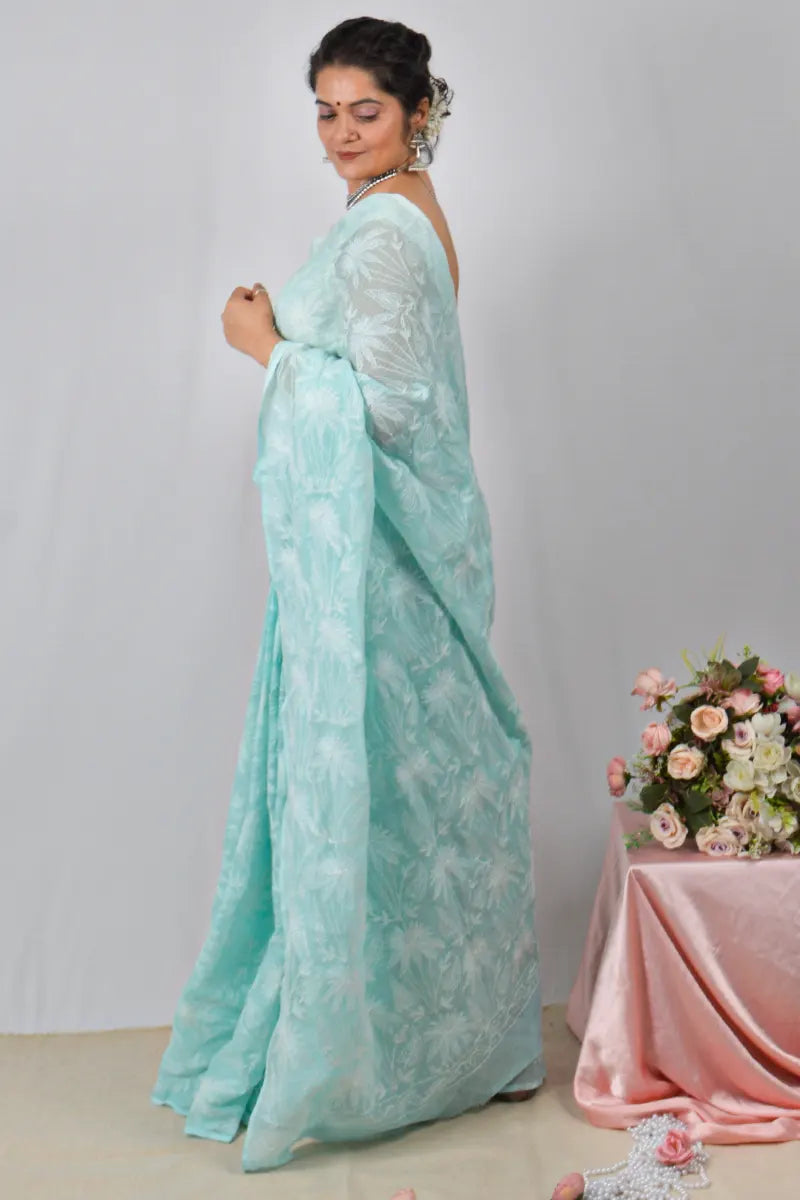Sea Green Kota Cotton saree with handcrafted Lucknowi Chikankari embroidery and blouse – ethnic wear