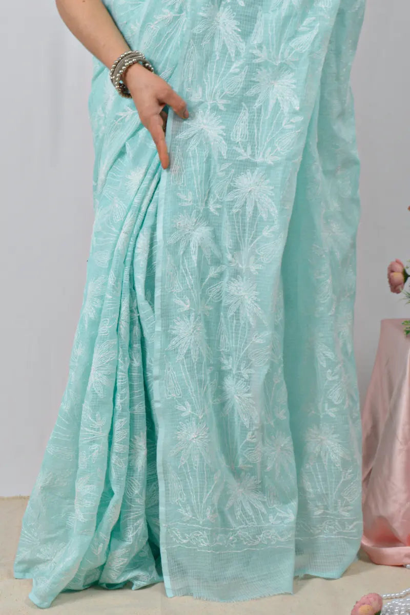 Sea Green Kota Cotton saree with handcrafted Lucknowi Chikankari embroidery and blouse – ethnic wear