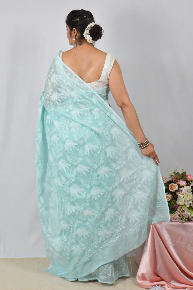 Sea Green Kota Cotton saree with handcrafted Lucknowi Chikankari embroidery and blouse – ethnic wear