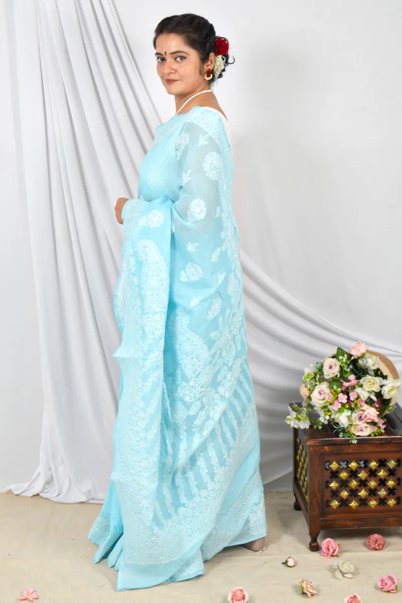Handcrafted Sky Blue Cotton Saree with intricate Lucknowi Chikankari Embroidery and a matching Blouse, ideal for Festive and occasions.