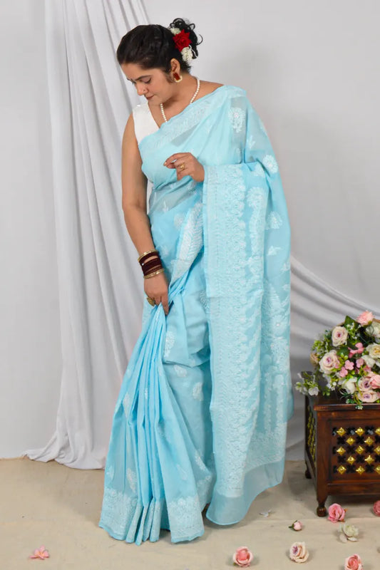 Handcrafted Sky Blue Cotton Saree with intricate Lucknowi Chikankari Embroidery and a matching Blouse, ideal for Festive and occasions.