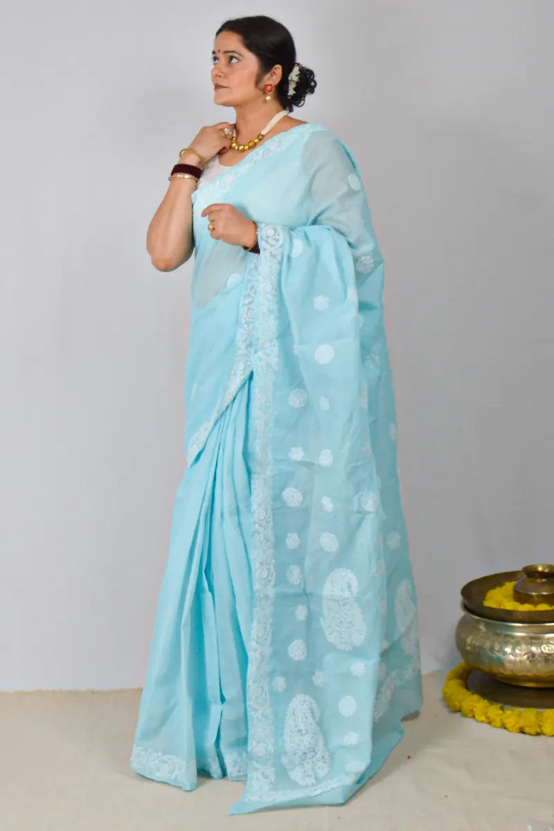 Sky blue cotton saree with hand-embroidered Lucknowi Chikankari and matching blouse – MeMaana handcrafted ethnic wear.