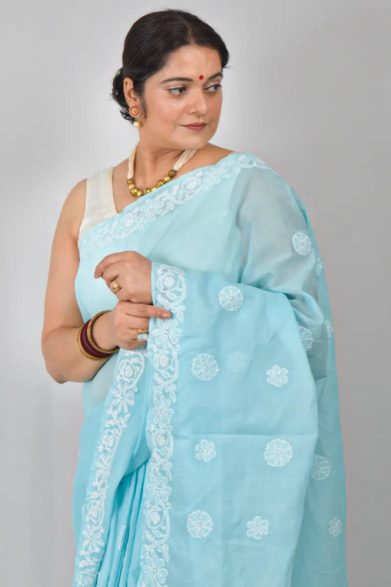 Sky blue cotton saree with hand-embroidered Lucknowi Chikankari and matching blouse – MeMaana handcrafted ethnic wear.