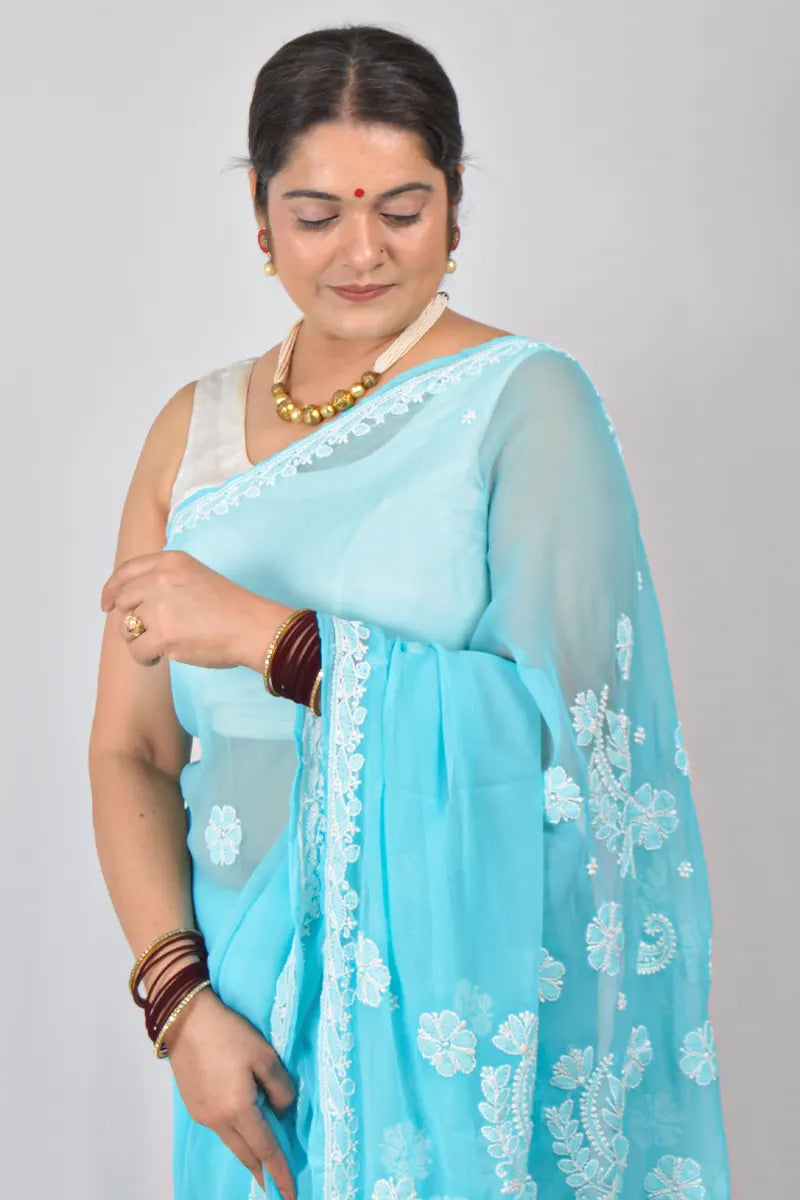 Sky Blue Georgette saree with hand-embroidered Lucknowi Chikankari and matching blouse – handcrafted ethnic saree by MeMaana