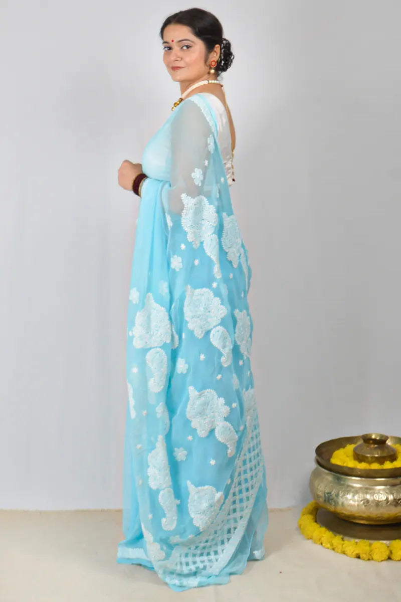 Sky blue Georgette saree with hand-embroidered Lucknowi Chikankari and matching blouse – MeMaana handcrafted ethnic wear.