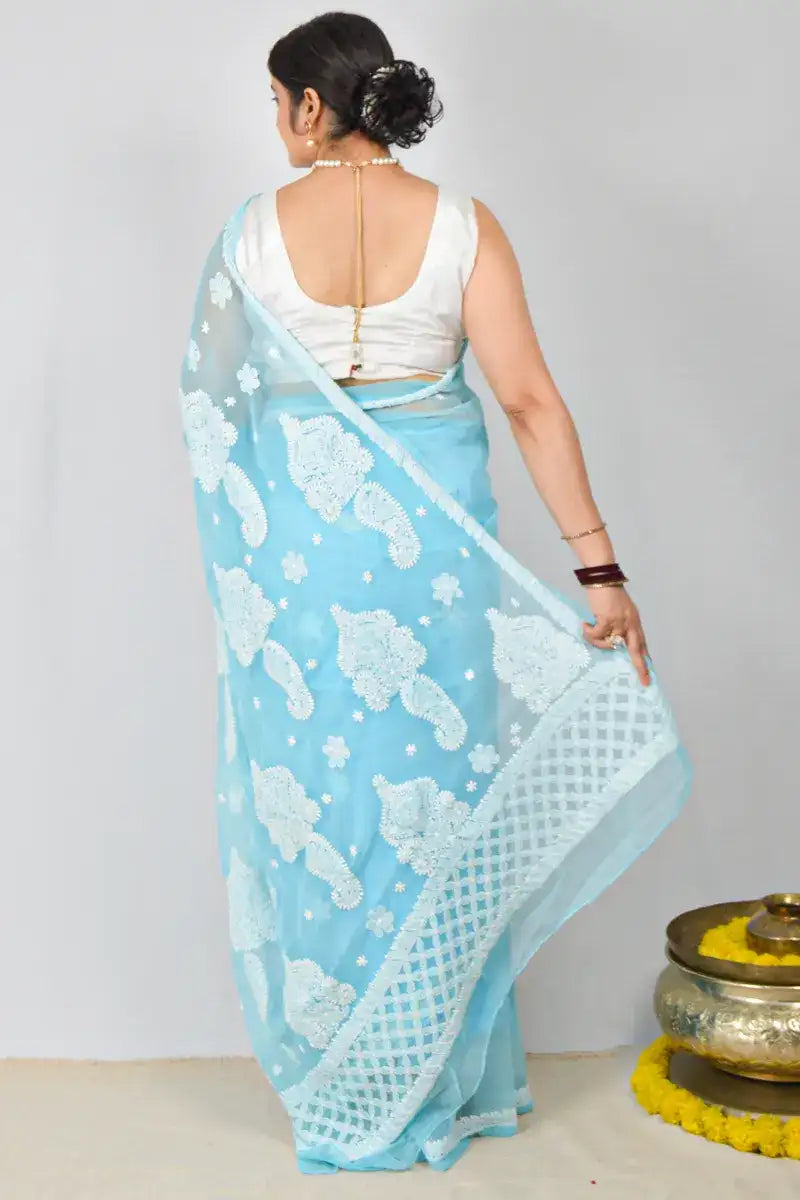 Sky blue Georgette saree with hand-embroidered Lucknowi Chikankari and matching blouse – MeMaana handcrafted ethnic wear.