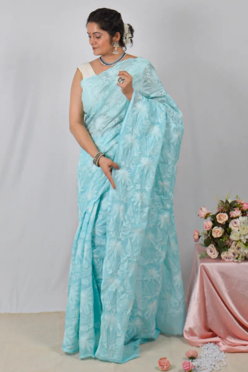 Sky Blue Kota cotton saree with handcrafted Lucknowi Chikankari embroidery and matching blouse – traditional wear by Fabnuma