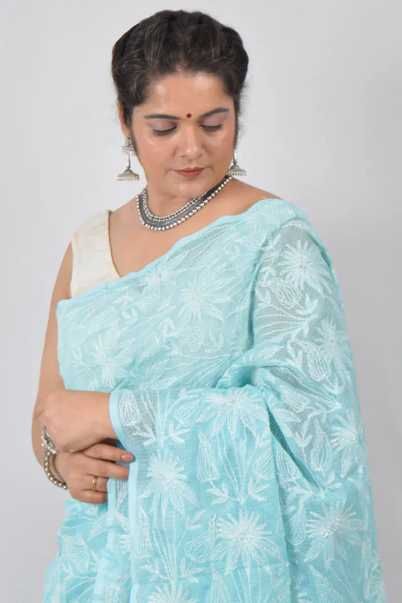 Sky Blue Kota cotton saree with handcrafted Lucknowi Chikankari embroidery and matching blouse – traditional wear by Fabnuma