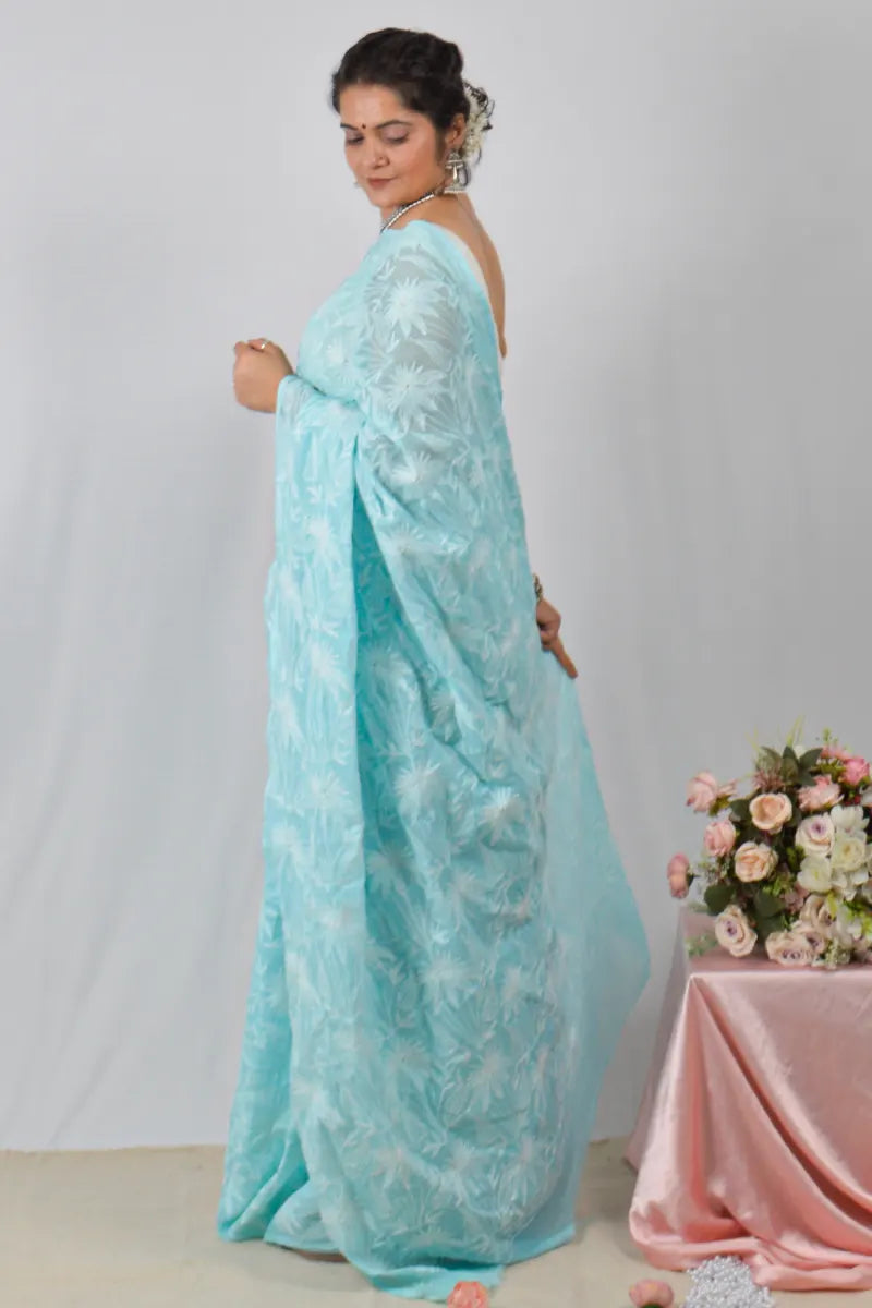 Sky Blue Kota cotton saree with handcrafted Lucknowi Chikankari embroidery and matching blouse – traditional wear by Fabnuma
