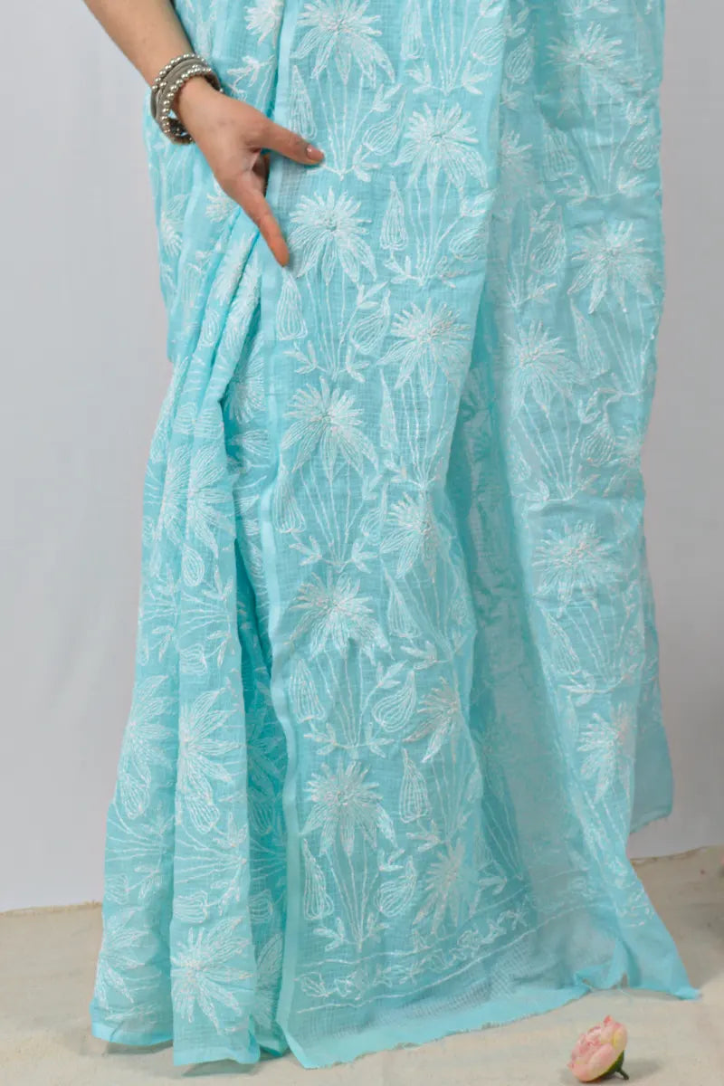 Sky Blue Kota cotton saree with handcrafted Lucknowi Chikankari embroidery and matching blouse – traditional wear by Fabnuma