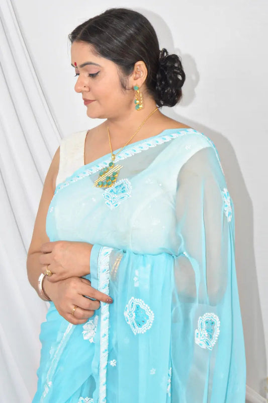 MeMaana Handcrafted Sky Blue Pearl & Sequence Work Designer Chikankari Saree With Blouse MeMaana
