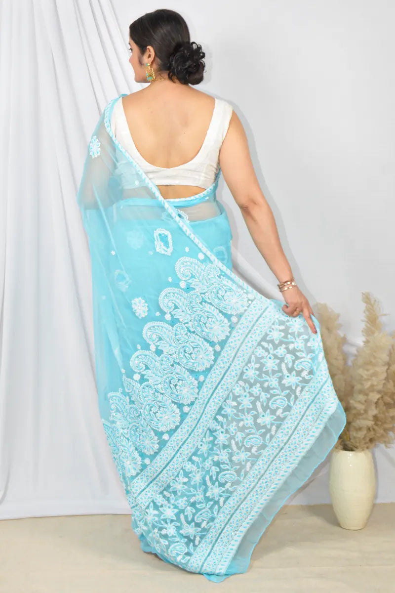 MeMaana Handcrafted Sky Blue Pearl & Sequence Work Designer Chikankari Saree With Blouse MeMaana