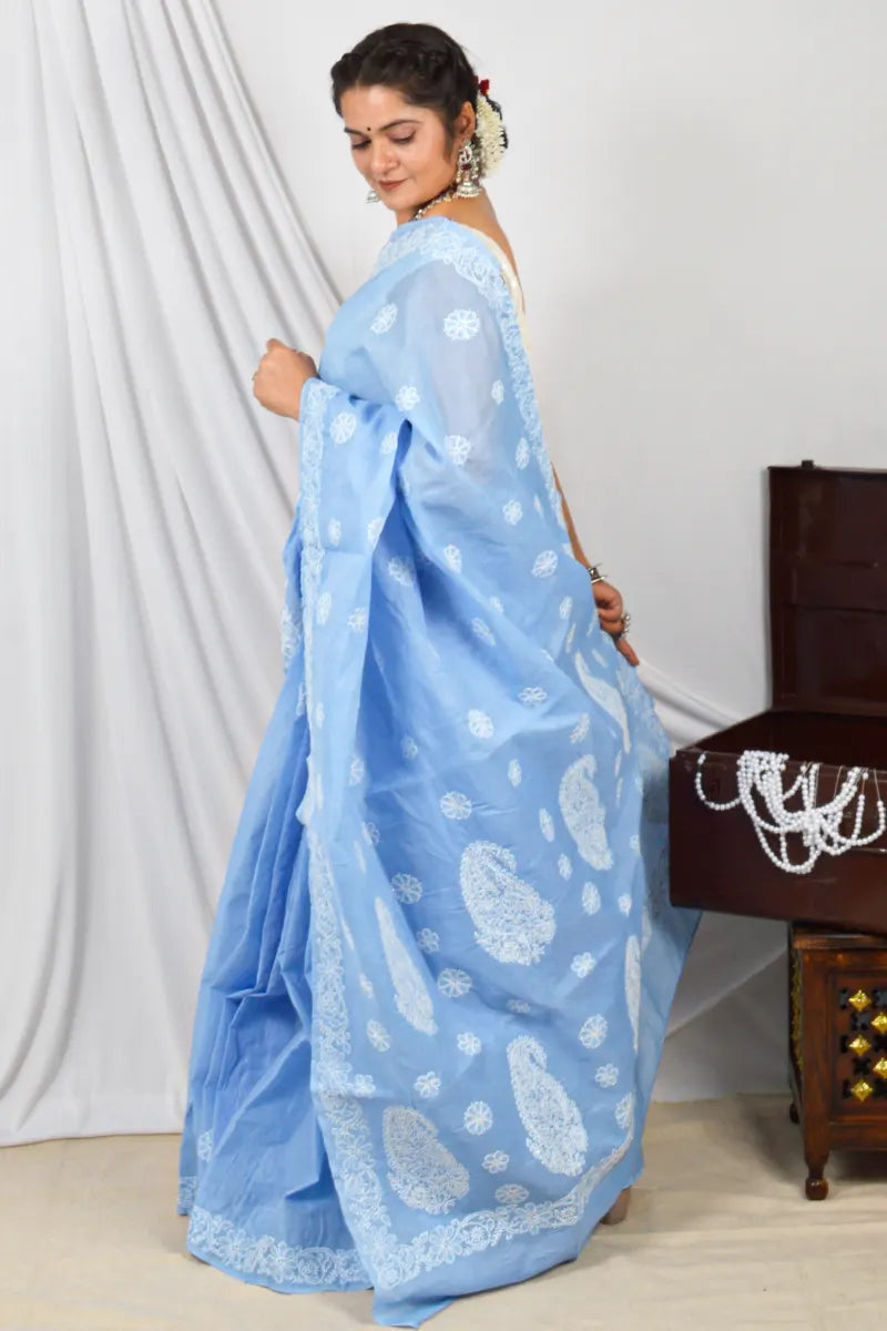 Handcrafted Sky Blue Cotton Designer Saree with intricate Lucknowi Chikankari Embroidery , ideal for Festive and wedding occasions