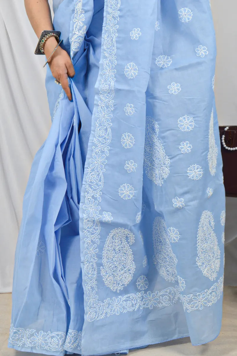 Handcrafted Sky Blue Cotton Designer Saree with intricate Lucknowi Chikankari Embroidery , ideal for Festive and wedding occasions