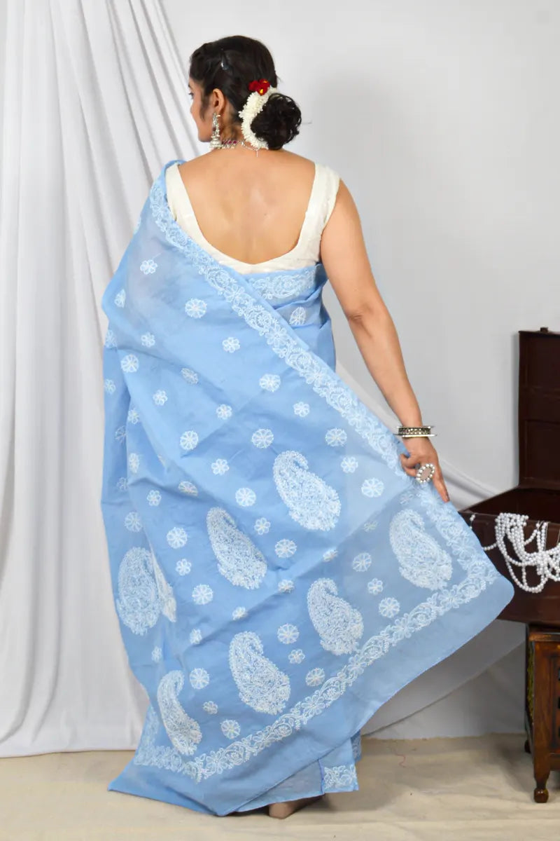 Handcrafted Sky Blue Cotton Designer Saree with intricate Lucknowi Chikankari Embroidery , ideal for Festive and wedding occasions