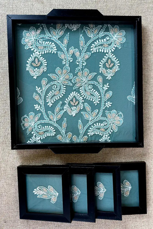Blue Handcrafted Lucknowi Chikankari Tray & Tea Coaster Set With hand-embroidered Lucknowi Chikankari