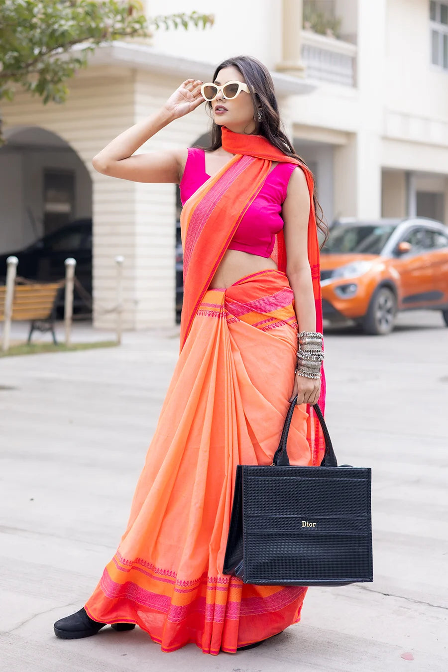 Peach Orange Saree with Pink Border – Contemporary Everyday Drape MeMaana