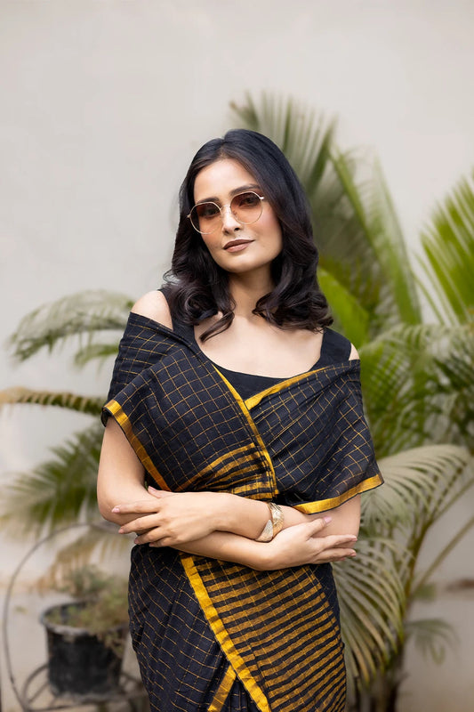 Black Bloom - Black & Gold Grid Pattern Designer Mul Cotton Saree with Modern Draped Style MeMaana