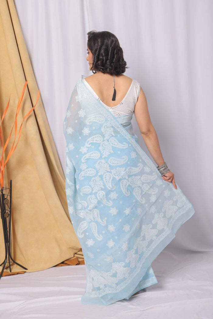 MeMaana Handcrafted Blue Cotton Chikankari Saree-Blouse Fabnuma