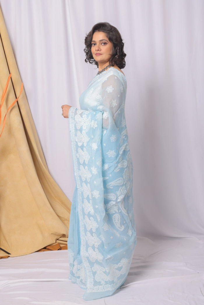 MeMaana Handcrafted Blue Cotton Chikankari Saree-Blouse Fabnuma