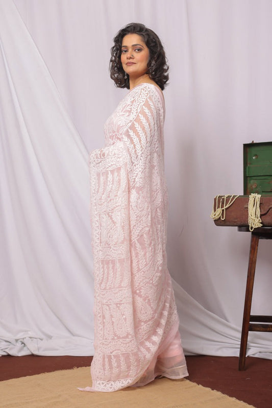 MeMaana Handcrafted Red Georgette Chikankari Saree-Blouse MeMaana