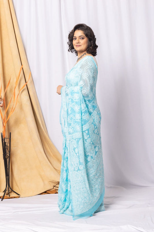 MeMaana Handcrafted Sky Blue Georgette Chikankari Saree-Blouse MeMaana